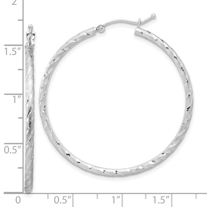 14K White Gold 2.00x40mm Polished and Satin Diamond-cut Twist Tube Hoop Earrings