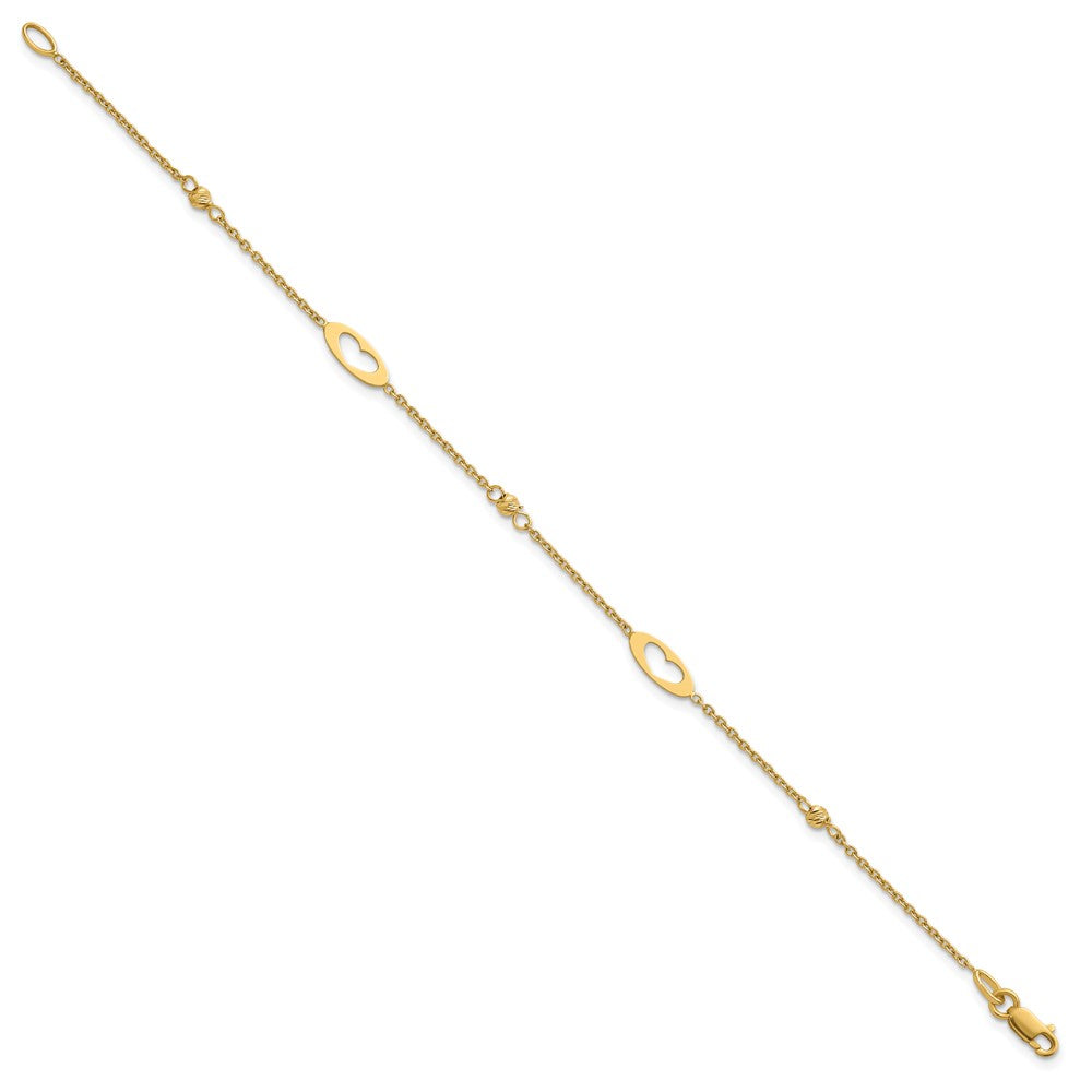 14K Yellow Gold Polished Cut-out Hearts and Diamond-cut Beads 7.5 Inch Bracelet