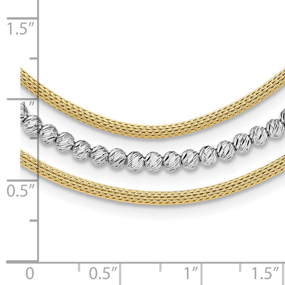 14K Two-Tone Gold Two-tone Diamond-cut Beads and Mesh Chain 3-Strand Bib 15.75 Inch Necklace Plus 2 Inch Extender