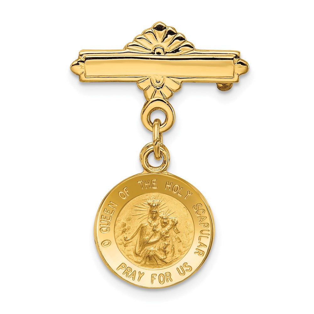 14K Yellow Gold Polished and Satin Solid Reversible Queen of the Holy Scapular and Sacred Heart Medal Pin
