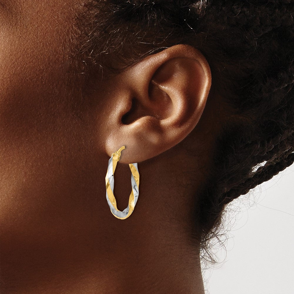 14K Yellow Gold with Rhodium Polished and Diamond-cut Twisted Hoop Earrings