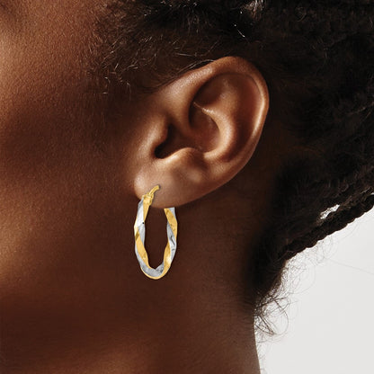 14K Yellow Gold with Rhodium Polished and Diamond-cut Twisted Hoop Earrings