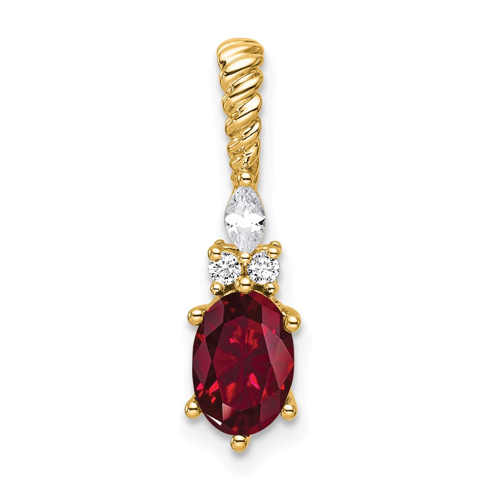 14K Yellow Gold Diamond and 7x5 Oval July/Lab Created Ruby Twisted Chain Slide