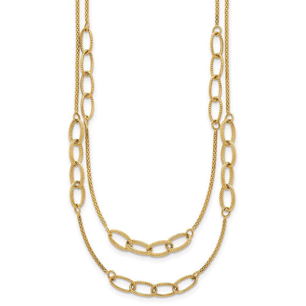 14K Yellow Gold Polished and Textured Woven Double Strand with Oval Links 17.5 Inch Necklace