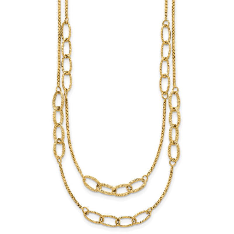 14K Yellow Gold Polished and Textured Woven Double Strand with Oval Links 17.5 Inch Necklace