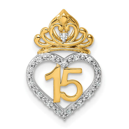 14K Two-Tone Gold Two-tone 1/15 carat Diamond Quinceanera 15 Heart with Crown Chain Slide