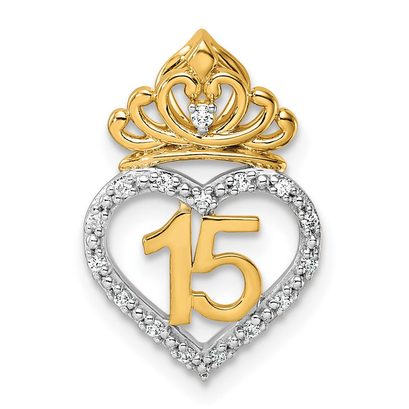 14K Two-Tone Gold Two-tone 1/15 carat Diamond Quinceanera 15 Heart with Crown Chain Slide