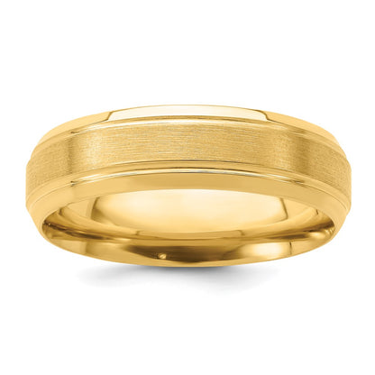 14K Yellow Gold 6mm Lightweight Comfort Fit Brushed Satin/Polished Line Edge Wedding Band Ring