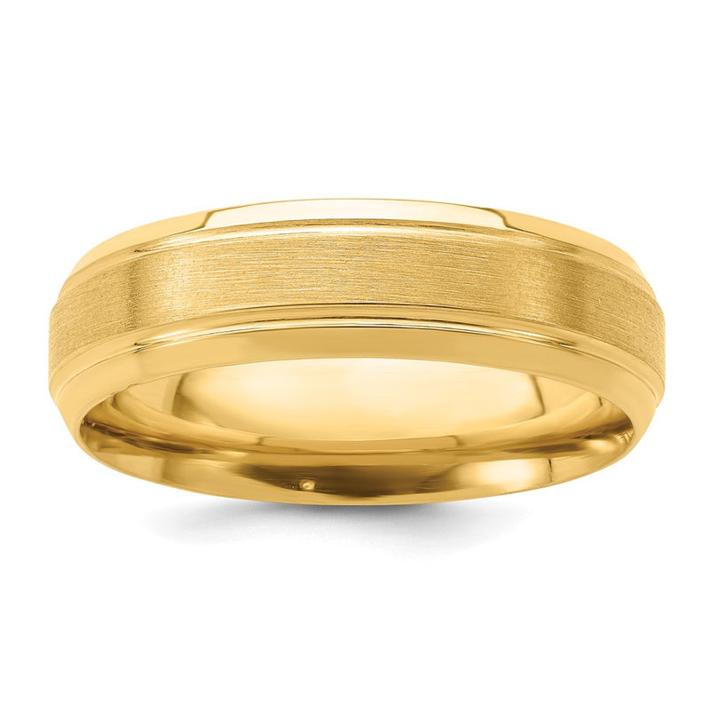 14K Yellow Gold 6mm Lightweight Comfort Fit Brushed Satin/Polished Line Edge Wedding Band Ring