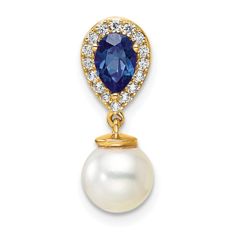 14K Yellow Gold 6-7mm Round Freshwater Cultured Pearl/Pear Sapphire/Diamond Teardrop Chain Slide