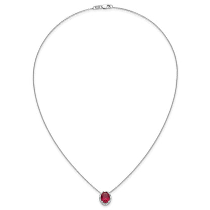 14K White Gold 10x8mm Oval Lab Created Ruby and Diamond Halo 18 Inch Necklace