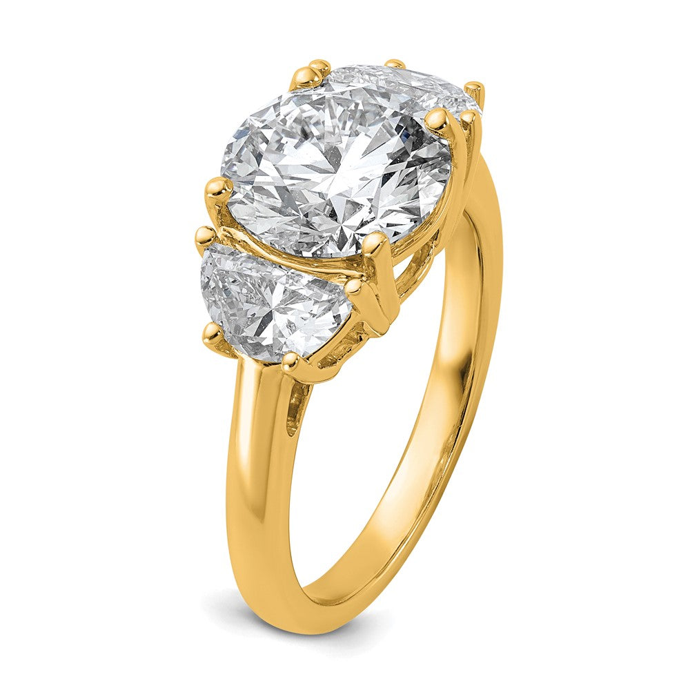 14K Yellow Gold 1 carat Lab Grown Diamond VS+ F+ 3 carat Center Round Semi Mount Three Stone Engagement Ring
