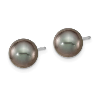 14K White Gold 8-9mm Black Round Tahitian Saltwater Cultured Pearl Post Earrings