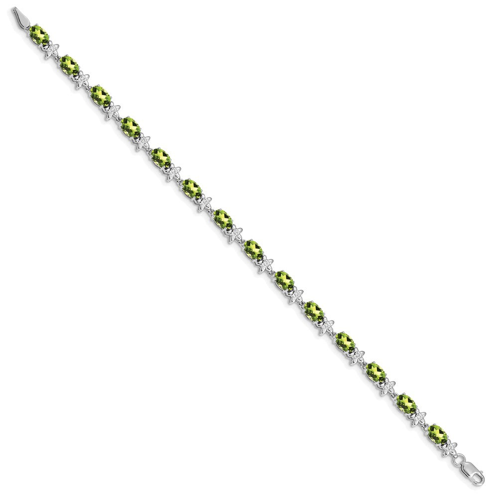 14K White Gold Complete Diamond and Oval Peridot Floral 7 Inch Bracelet