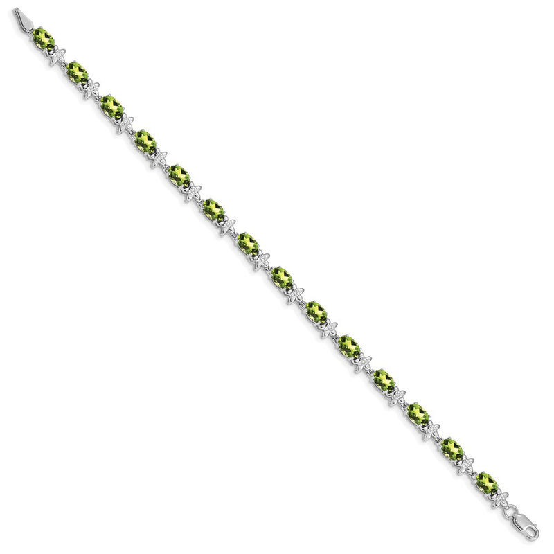 14K White Gold Complete Diamond and Oval Peridot Floral 7 Inch Bracelet