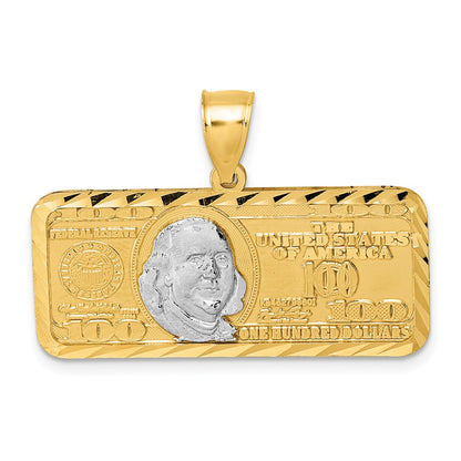 14K Yellow Gold Polished with Rhodium Diamond-cut 100 Dollar Bill Pendant