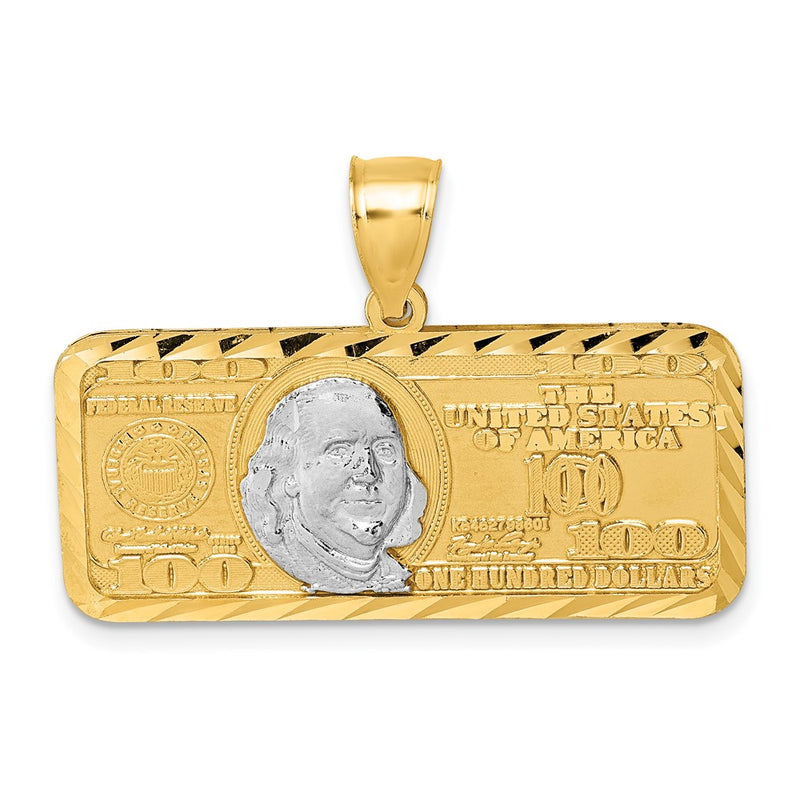 14K Yellow Gold Polished with Rhodium Diamond-cut 100 Dollar Bill Pendant