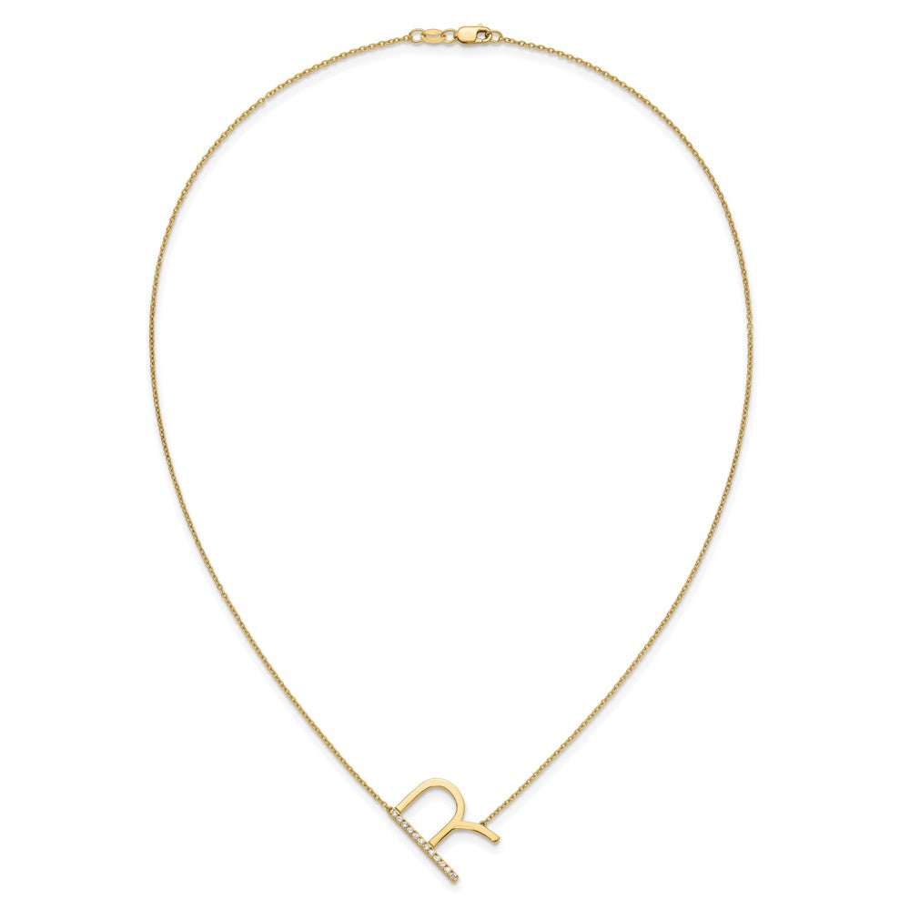 14K Yellow Gold Sideways Diamond Initial R 18 Inch Necklace