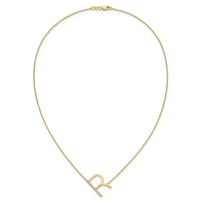 14K Yellow Gold Sideways Diamond Initial R 18 Inch Necklace