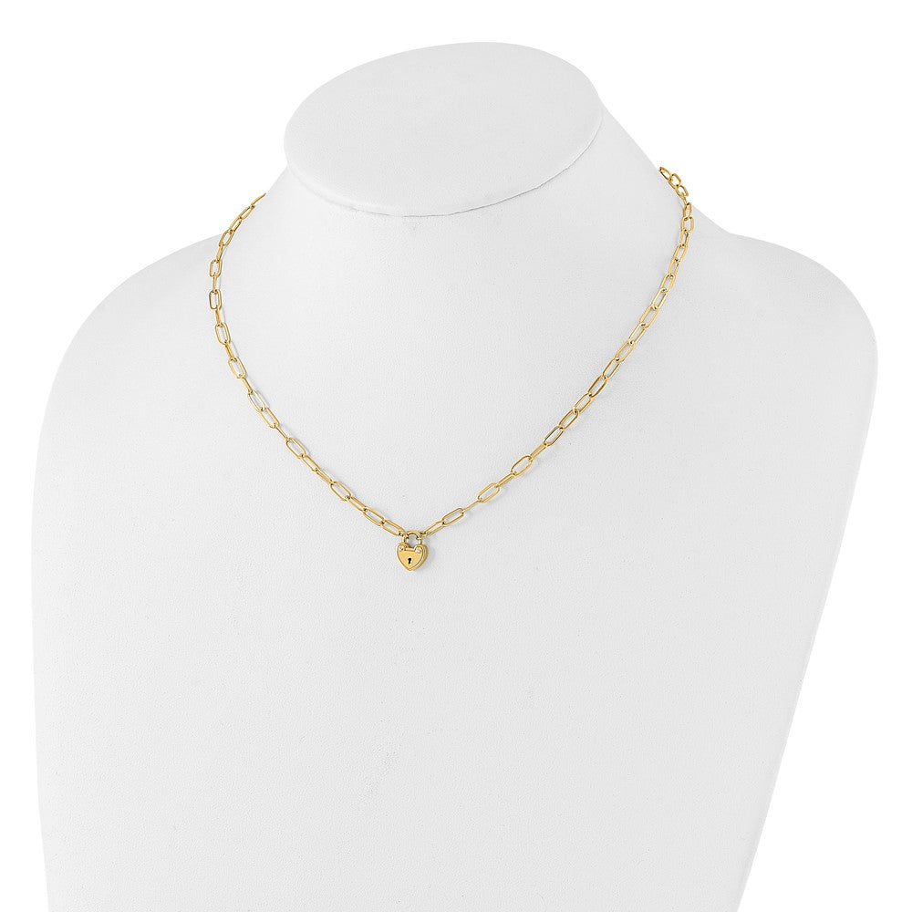 14K Yellow Gold Polished Heart Lock Charm Paperclip Link 17.25 Inch Necklace