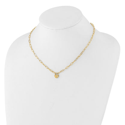 14K Yellow Gold Polished Heart Lock Charm Paperclip Link 17.25 Inch Necklace