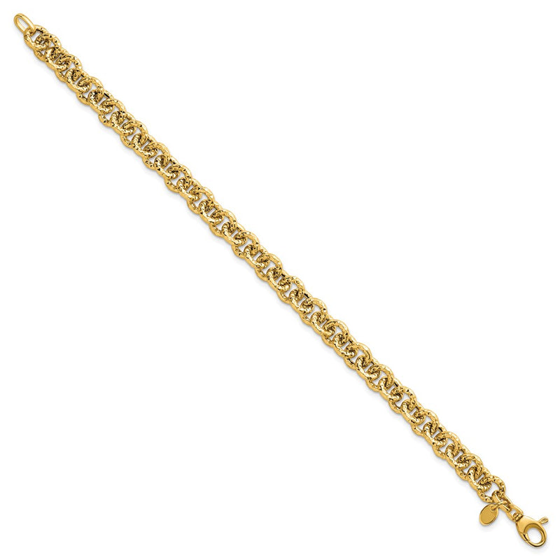 14K Yellow Gold Polished and Textured 7.3mm Cable Chain 7.5 Inch Bracelet