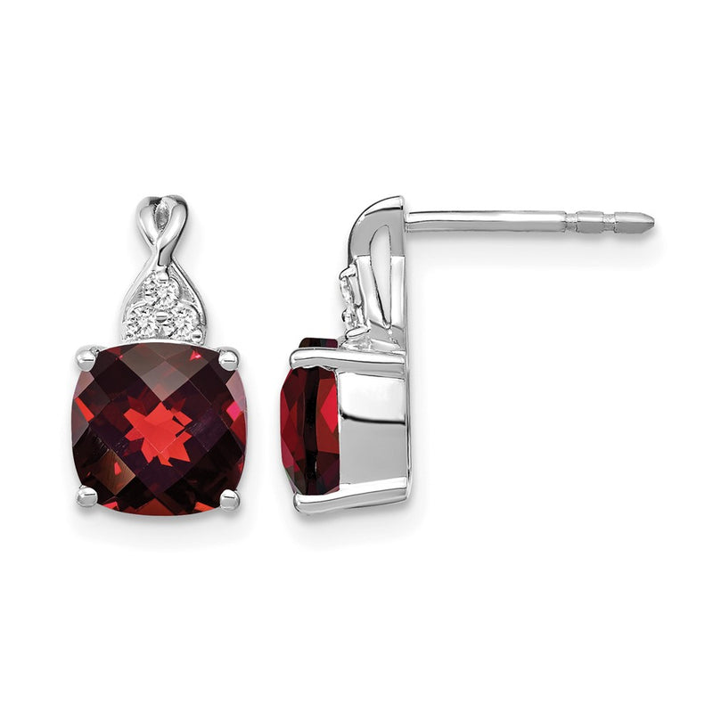 14K White Gold 7mm Cushion Checkerboard January/Garnet and Diamond Post Earrings