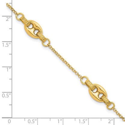 14K Yellow Gold Polished and Textured 10.6mm Greek Key Etched Link Chain Bracelet Plus Extender