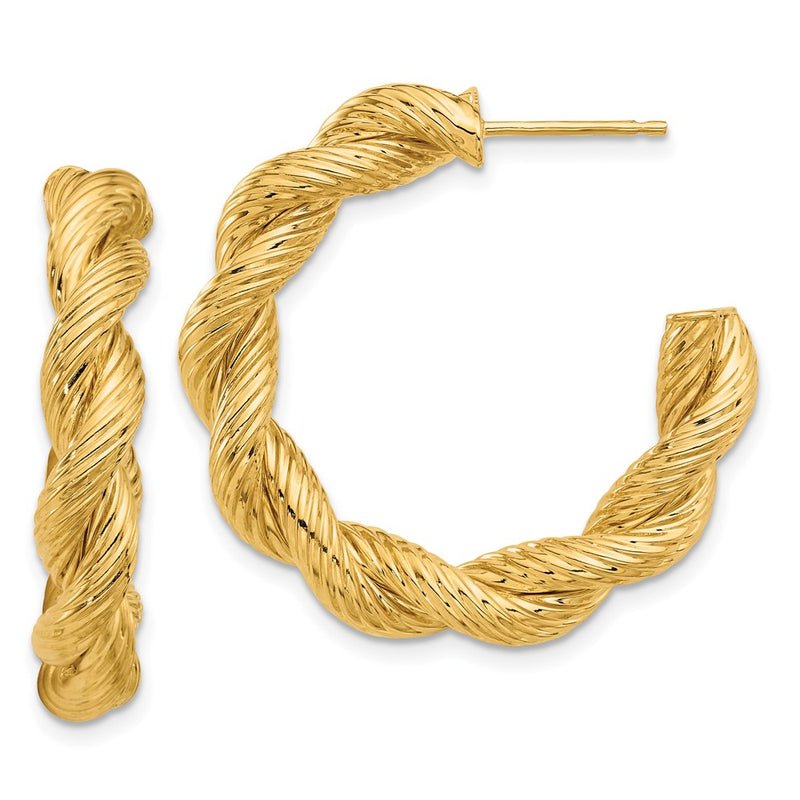 14K Yellow Gold Polished and Textured Twisted Post Hoop Earrings