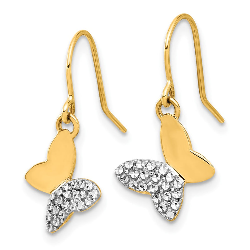 14K Yellow Gold and Rhodium Diamond-cut Butterfly Dangle French Hook Earrings