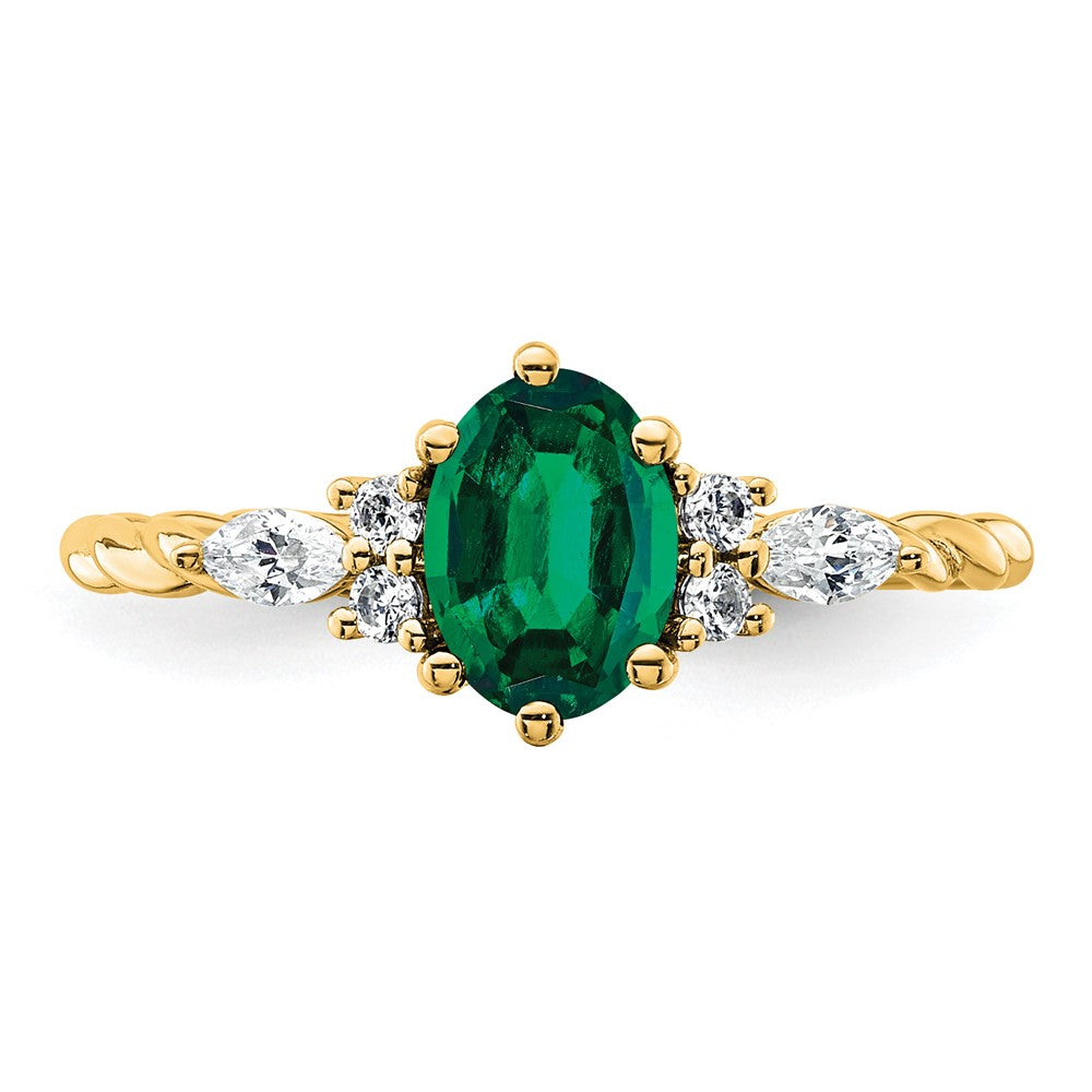 14K Yellow Gold Diamond and 7x5 Oval May/Lab Created Emerald Size 7 Twisted Ring