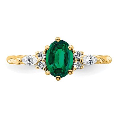 14K Yellow Gold Diamond and 7x5 Oval May/Lab Created Emerald Size 7 Twisted Ring