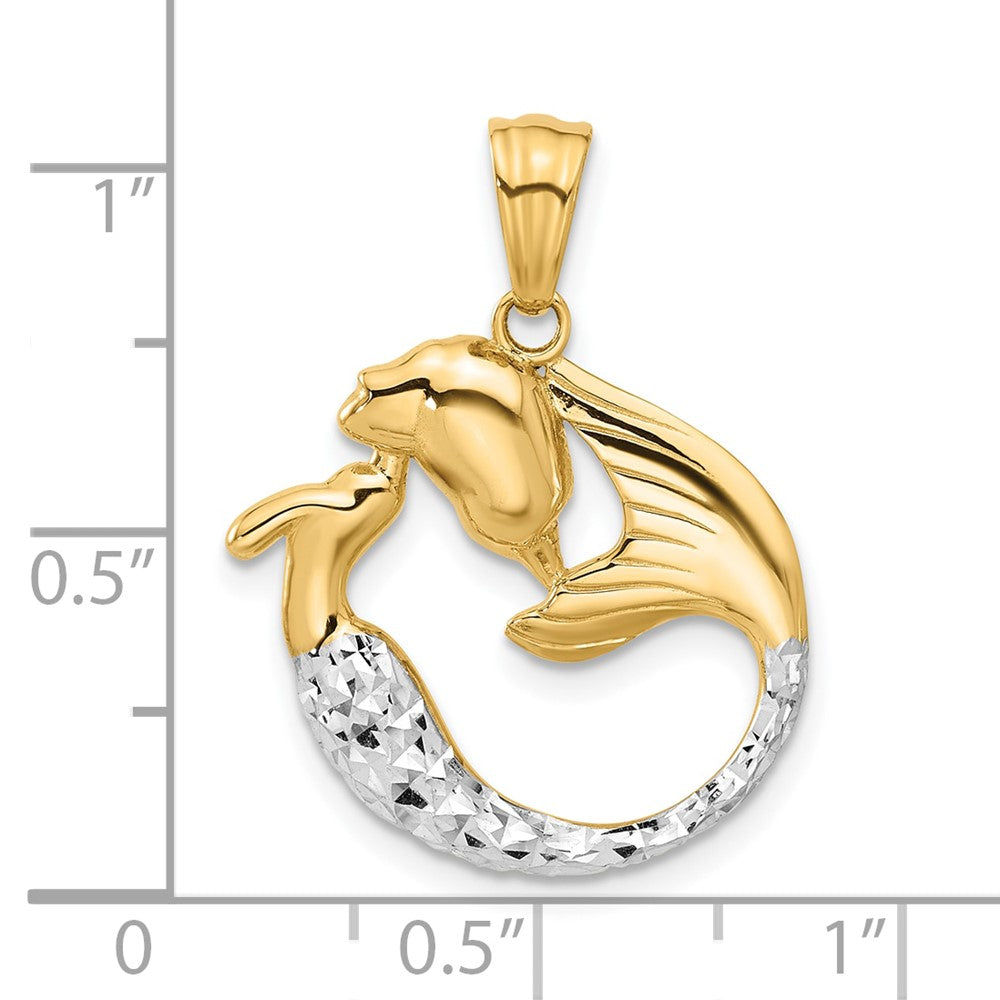 14K Yellow Gold with Rhodium Diamond Cut Mermaid Pendant