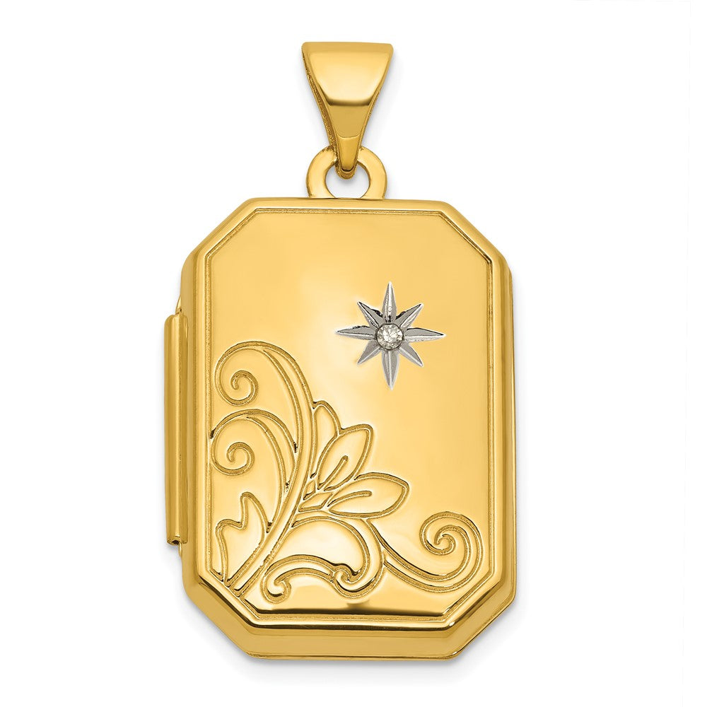 14K Yellow Gold Half Point Diamond Polished Floral And Star 20mm Rectangle Locket