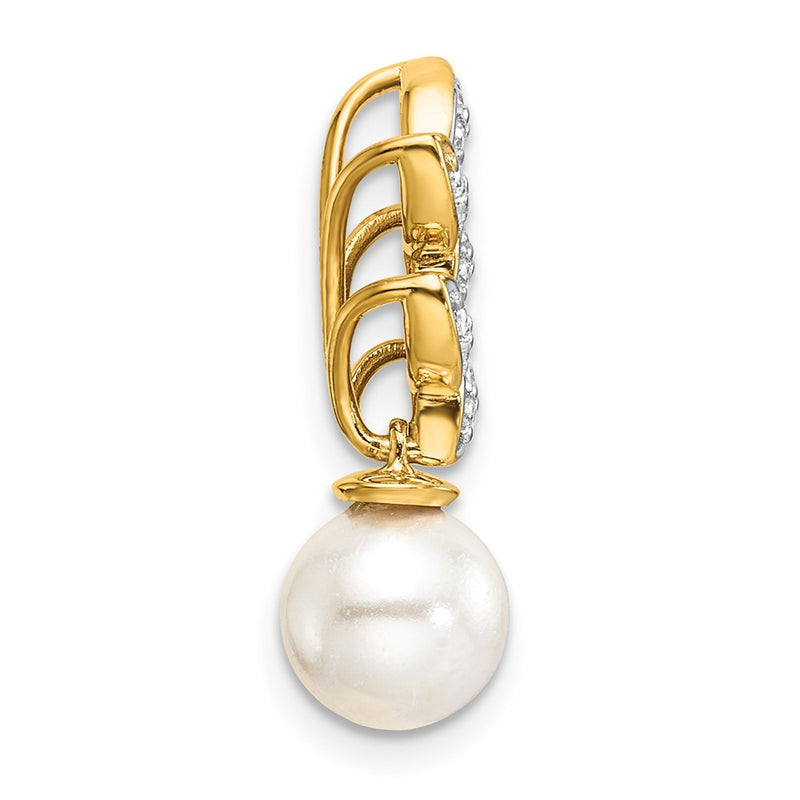 14K Yellow Gold Polished 1/15 carat Diamond and Freshwater Cultured Pearl Leaf Design Chain Slide