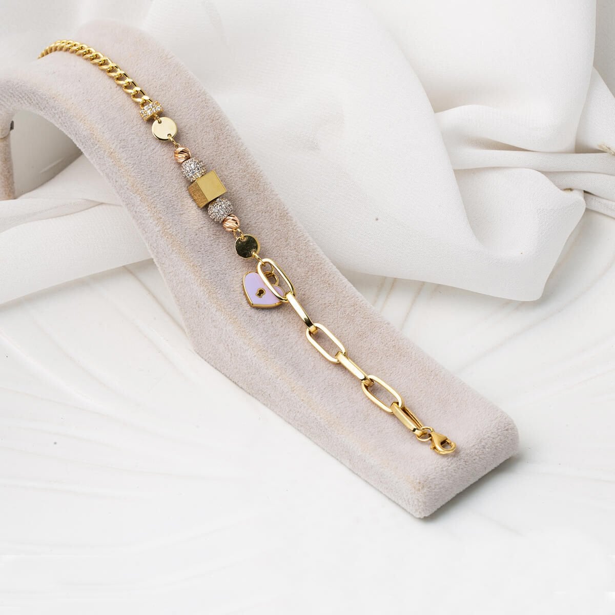 14K Yellow Gold Lock Heart Enamel Bracelet