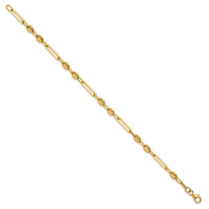 14K Yellow Gold Polished 4mm Fancy Paperclip and Puffed Anchor/Mariner Link Chain Bracelet