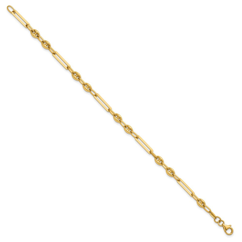 14K Yellow Gold Polished 4mm Fancy Paperclip and Puffed Anchor/Mariner Link Chain Bracelet