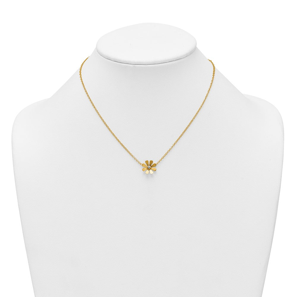 14K Yellow Gold Polished Daisy with Rhodium Center 16 Inch Necklace with 2 Inch Extender