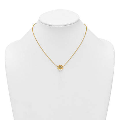 14K Yellow Gold Polished Daisy with Rhodium Center 16 Inch Necklace with 2 Inch Extender