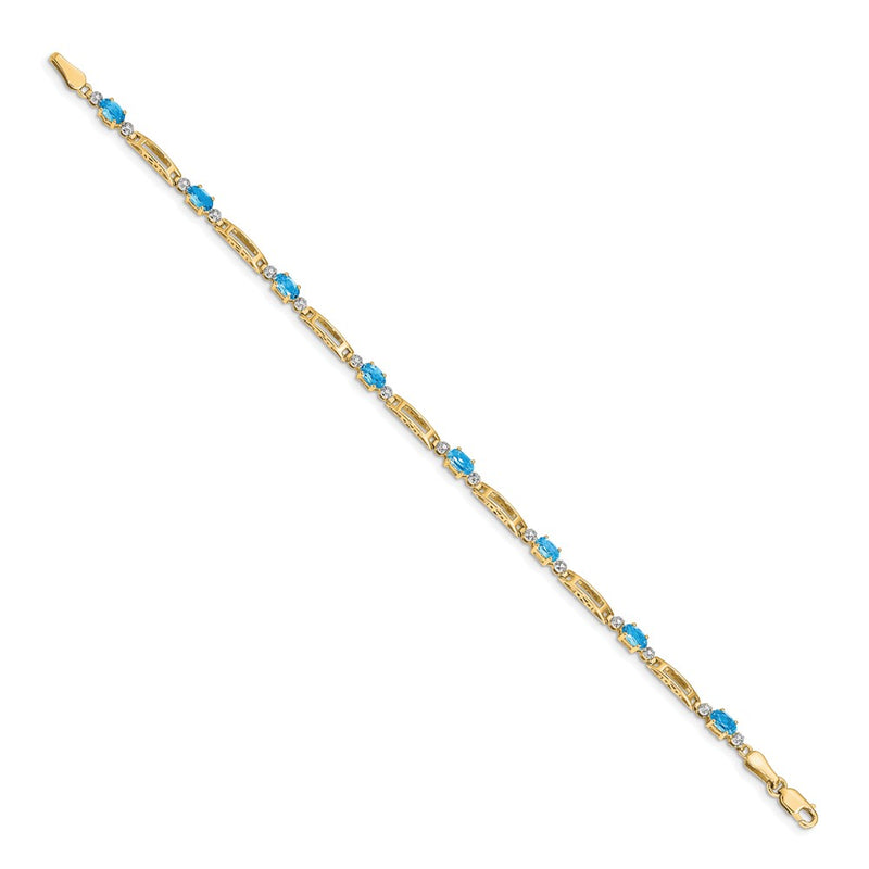 14K Yellow Gold Complete Diamond and Oval Swiss Blue Topaz Fancy Link 7 Inch Bracelet