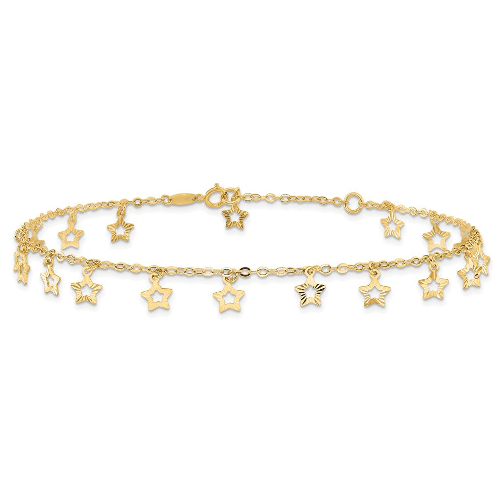 14K Yellow Gold Polished and Textured Dangle Stars 9 Inch Plus 1 Inch Star Dangle Extender - Total 10 Inch Anklet