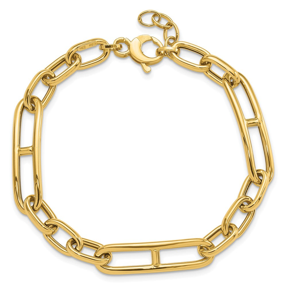 14K Yellow Gold Polished 7.4mm Fancy Paperclip Link Chain Bracelet Plus Extender