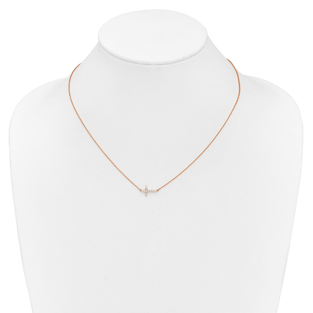 14K Rose Gold 1/6 carat Diamond Sideways Cross 18 Inch Necklace