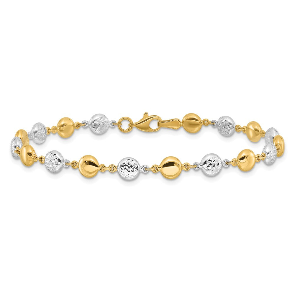 14K Two-Tone Gold Two-tone Polished and Diamond-cut Puffed Beads 7.75 Inch Bracelet