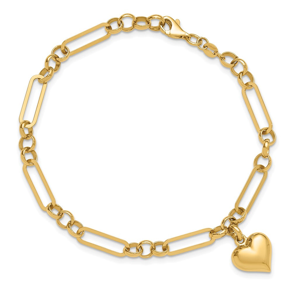 14K Yellow Gold Polished Puffed Heart Charm Dangle Figaro Link 7.5 Inch Bracelet