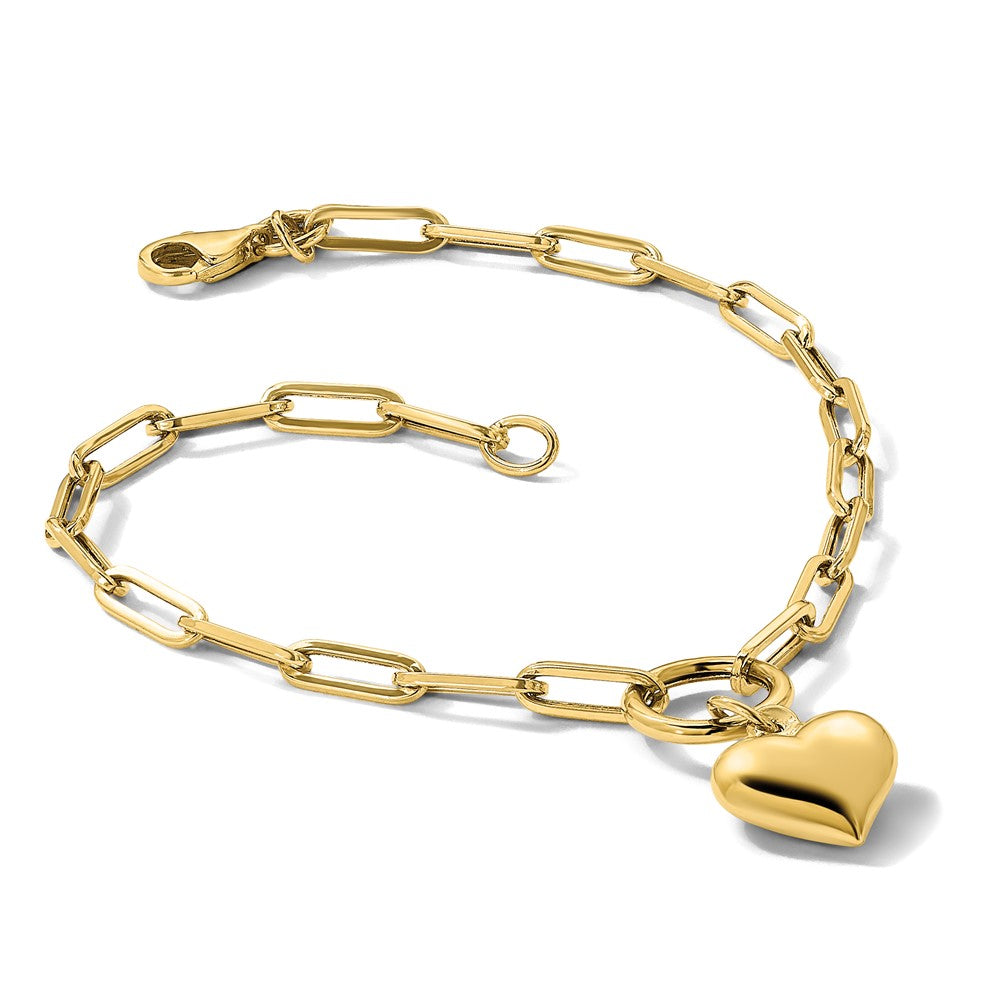 14K Yellow Gold Polished Puffed Heart Dangle Paper Clip Link 7.25 Inch Bracelet