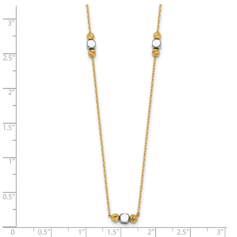 14K Two-Tone Gold Polished Diamond-cut and Square Bead 5-Station 16 Inch Necklace Plus 2 Inch Extender