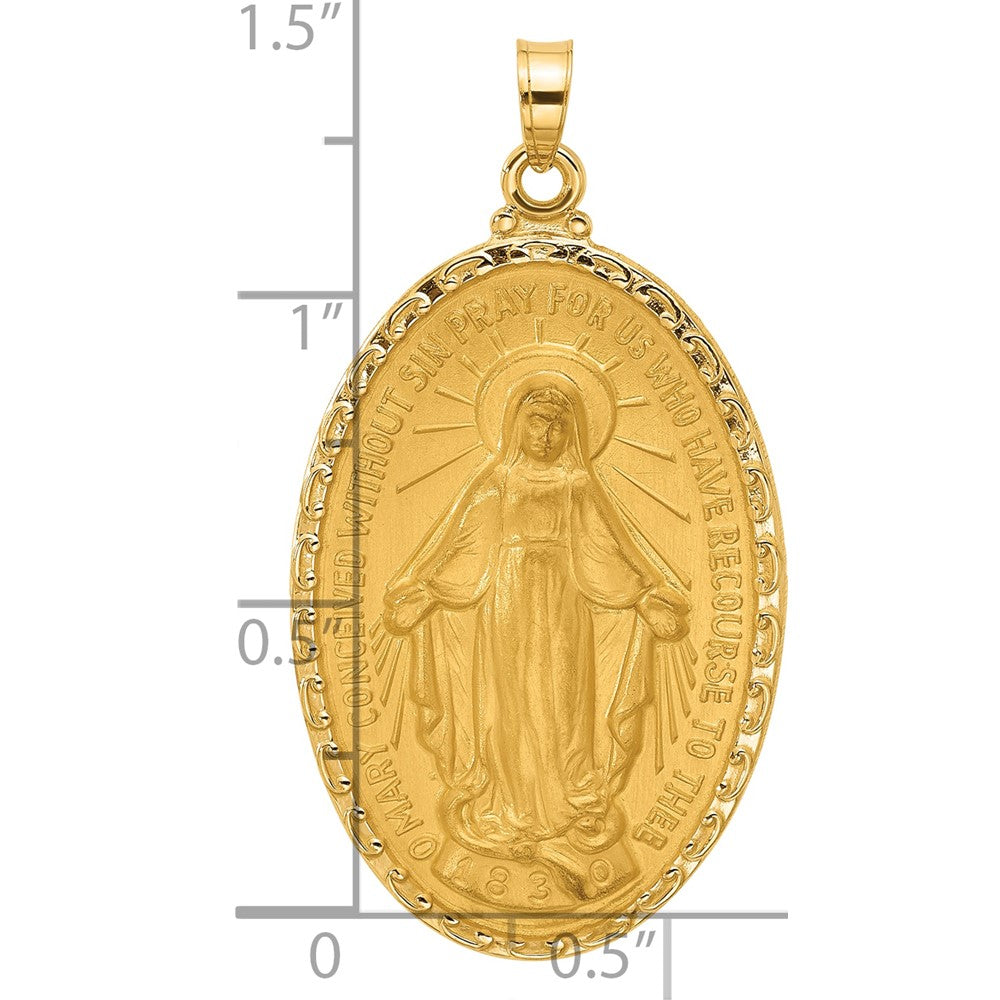 14K Yellow Gold Polished and Satin Solid Miraculous Medal Oval Pendant