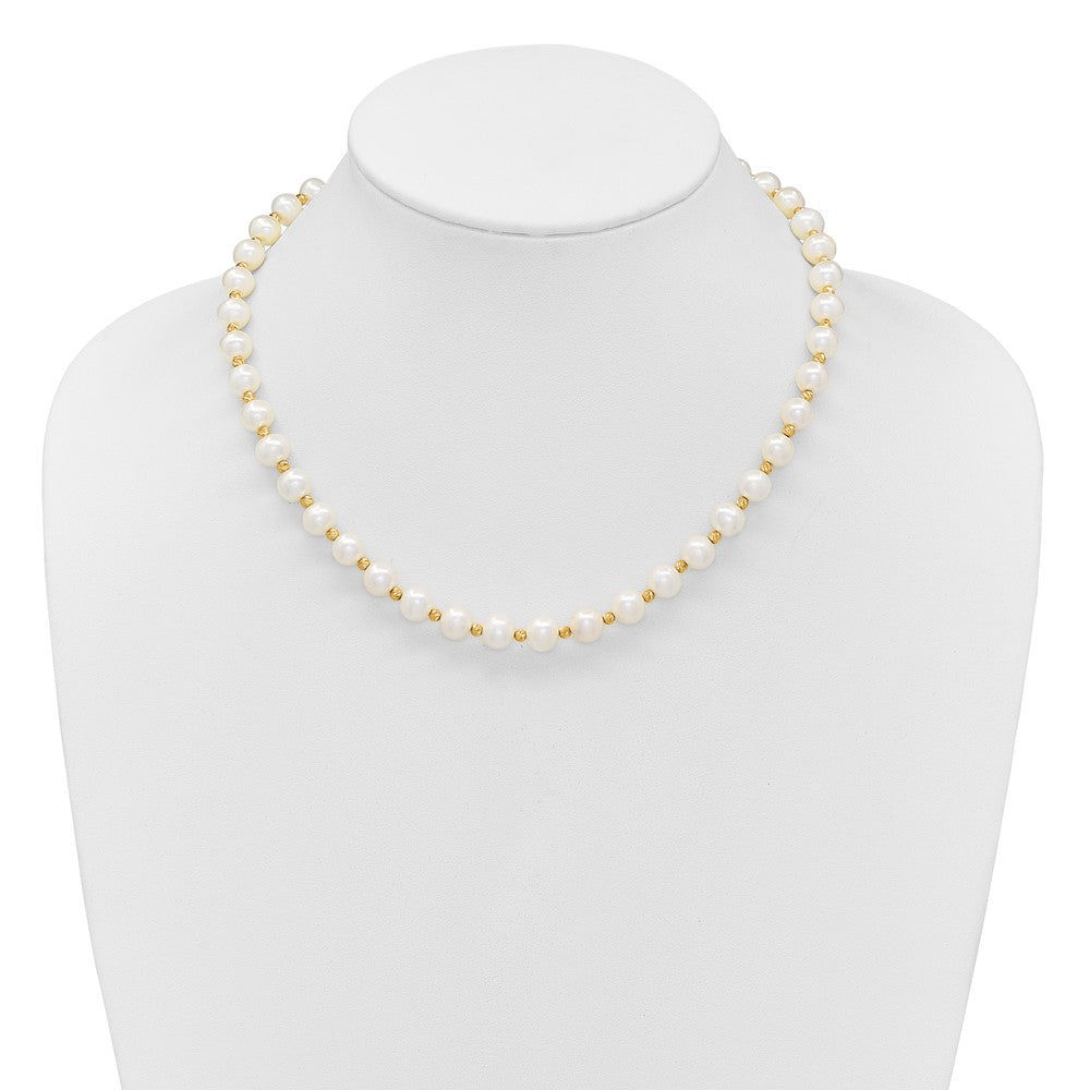 14K Yellow Gold 8-9mm Near-Round Freshwater Cultured Pearl and Diamond-cut Beaded 18 Inch Necklace